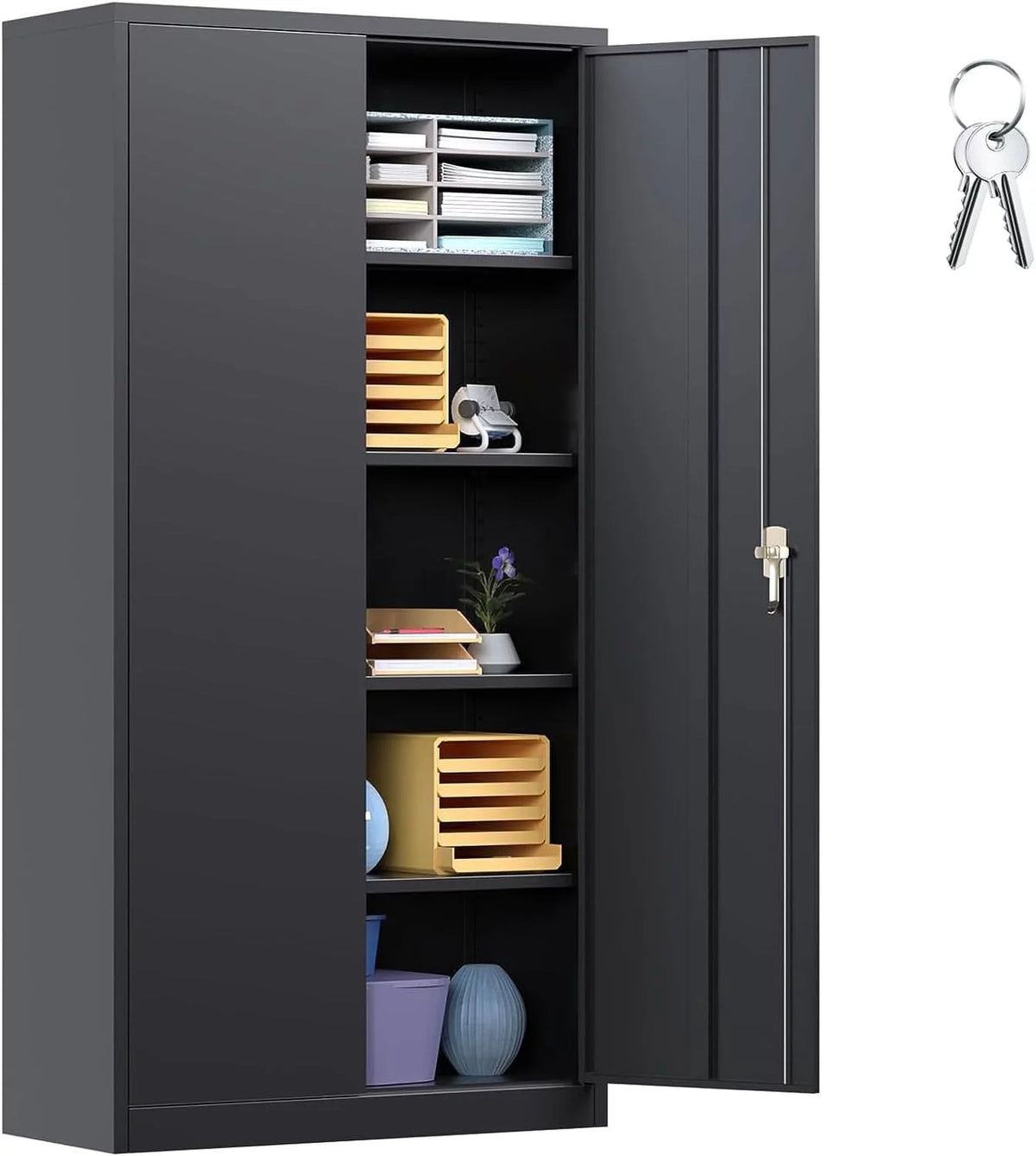 71 In Black Metal Storage Cabinet with Locking Doors and Adjustable Shelves P35118
