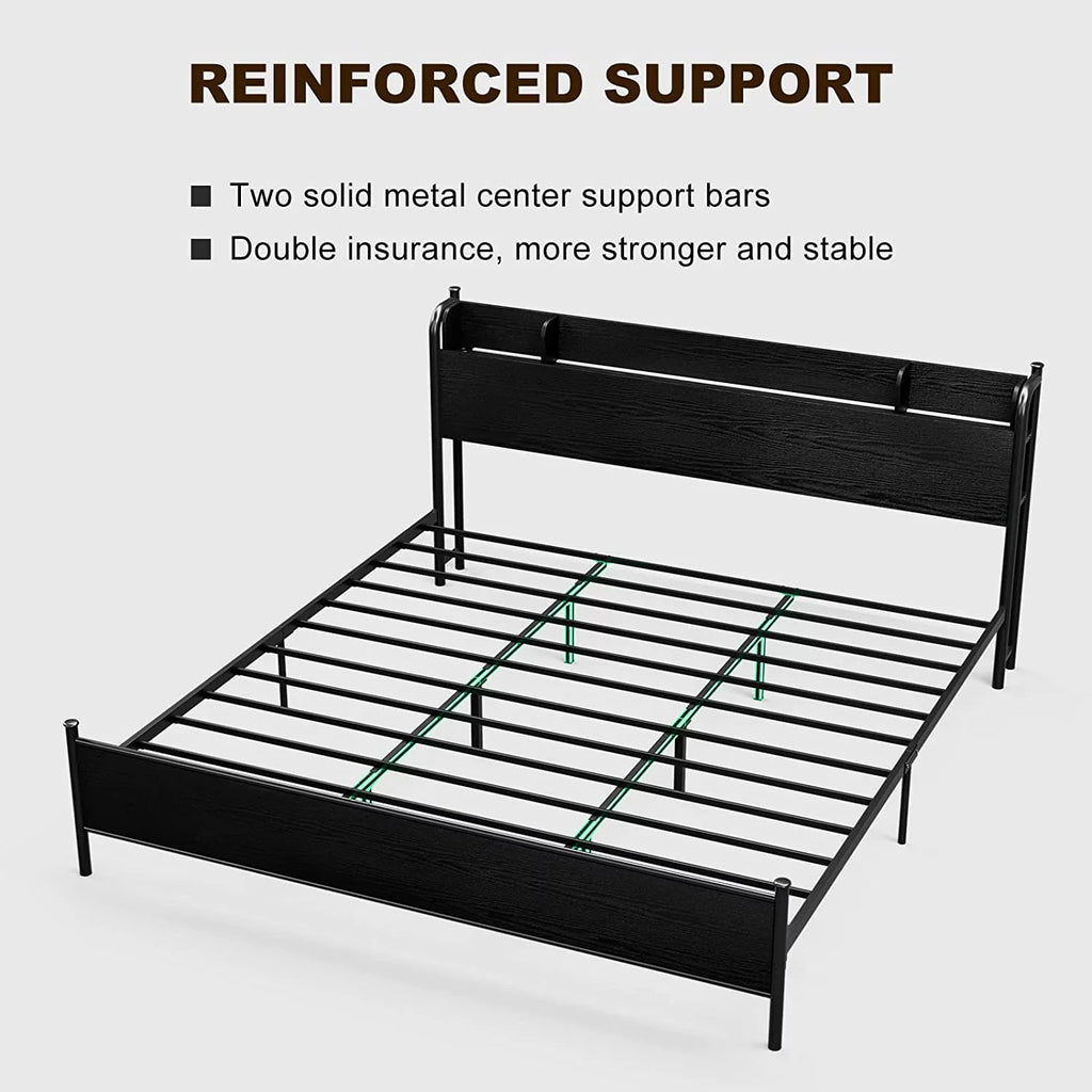 California King Metal and Wood Platform Bed Frame with Storage Shelf Headboard R8185