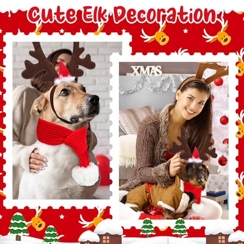 2 Set Pet Christmas Costumes Dog Knitted Scarf Reindeer Antlers Headband O888