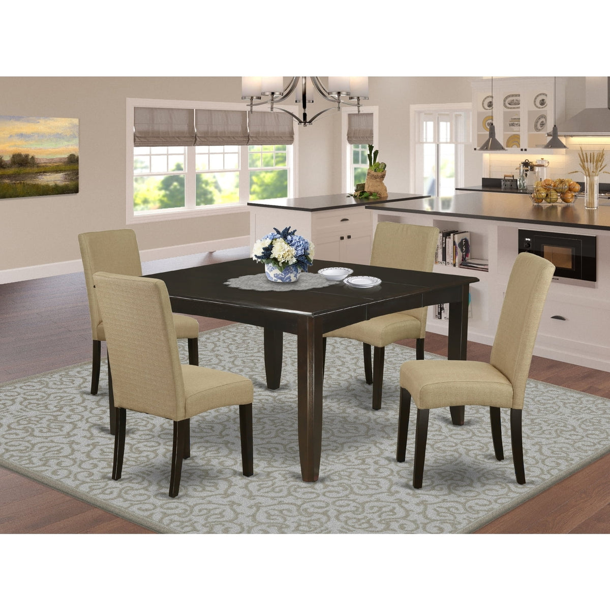 5 Pc Square Dining Table with Butterfly Leaf and Four Parson Chair Brown P27656