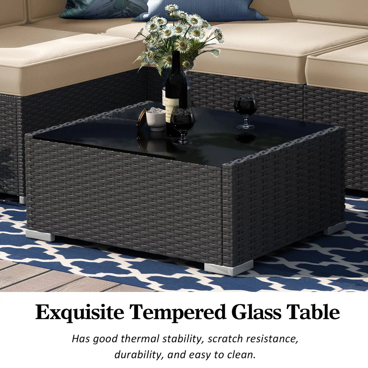 7 Piece Wicker Patio Furniture Set with Cushion and Glass Table E46599