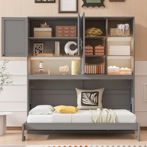 Twin Murphy Bed with Storage Cabinet and Shelves T664