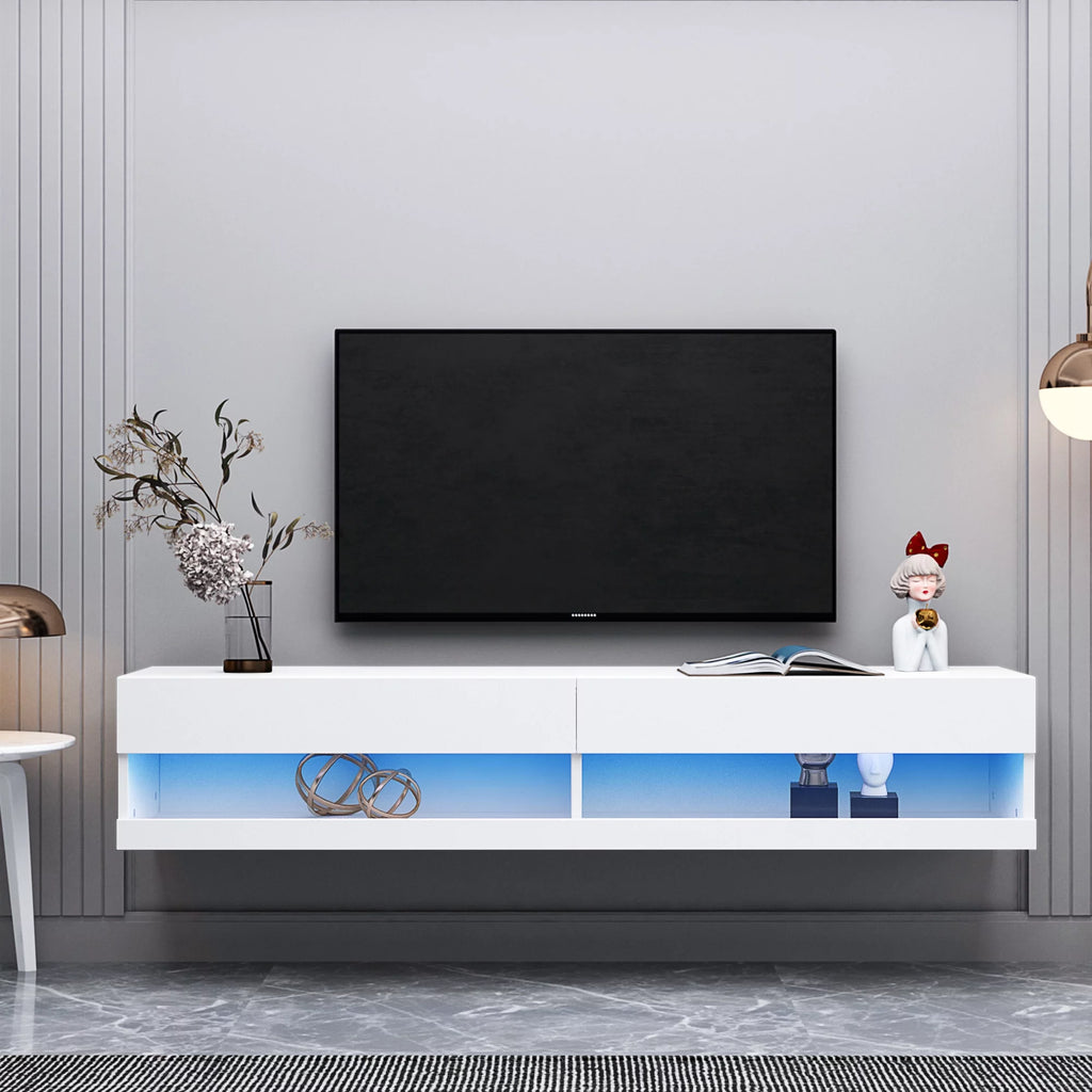 80" Wall Mounted Floating TV Stand with 20 Color LEDs White E41112