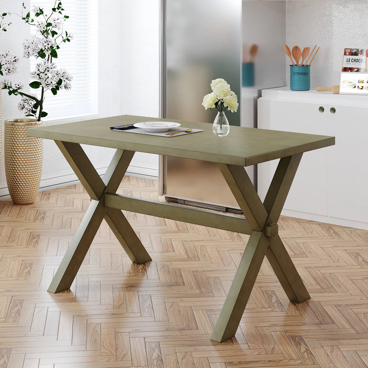 Farmhouse Rustic Wood Dining Table with X-shape Legs, Gray Green N770