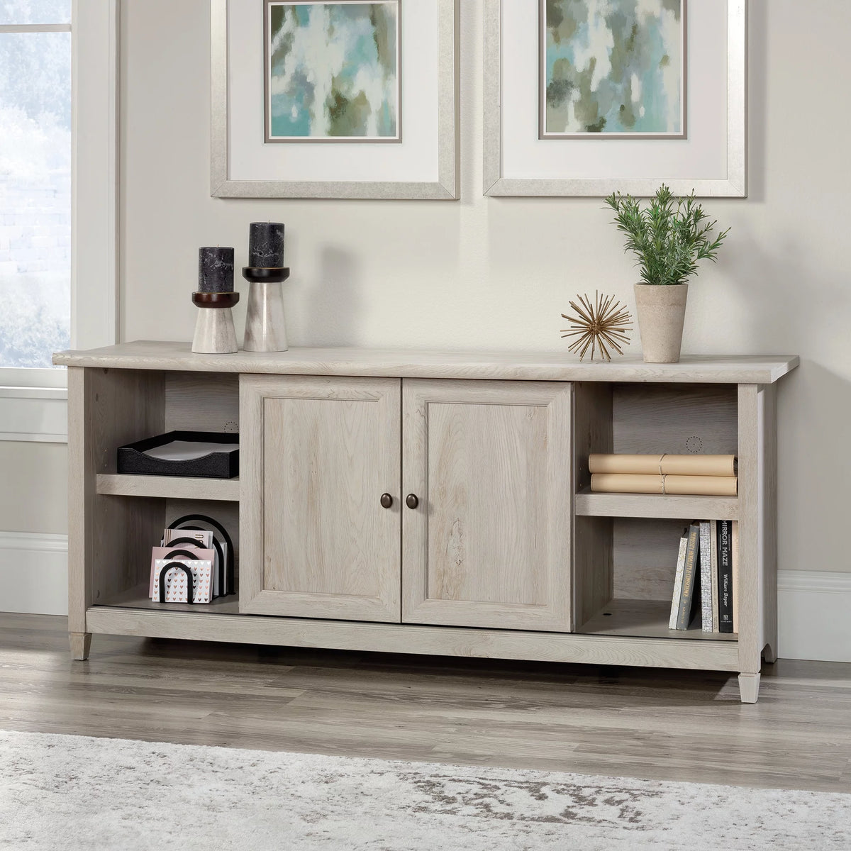 Chalked Chestnut Finish TV Stand with Shelves & Sliding Doors M79206
