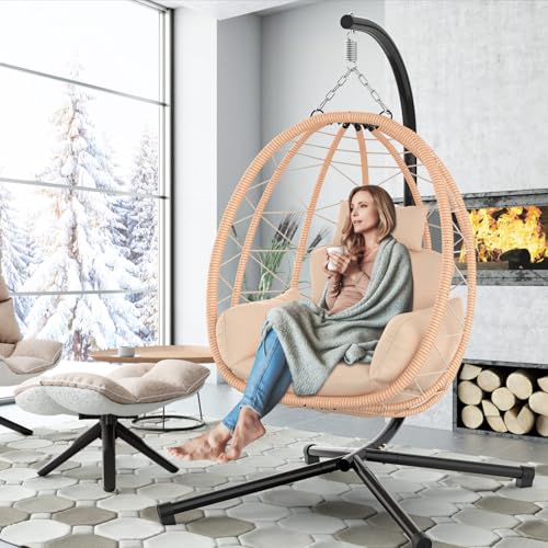 Hanging Egg Chair with Stand, UV Resistant Cushion & Pillow, 370lbs Capacity, Beige C7907