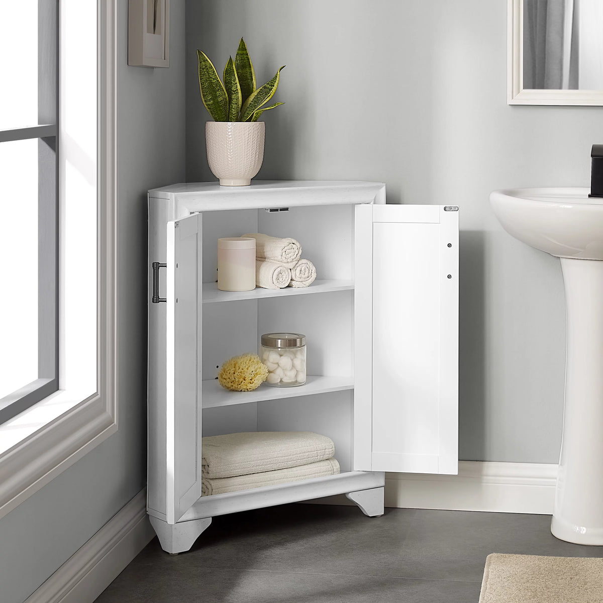 Distressed White Corner Storage Cabinet B14754