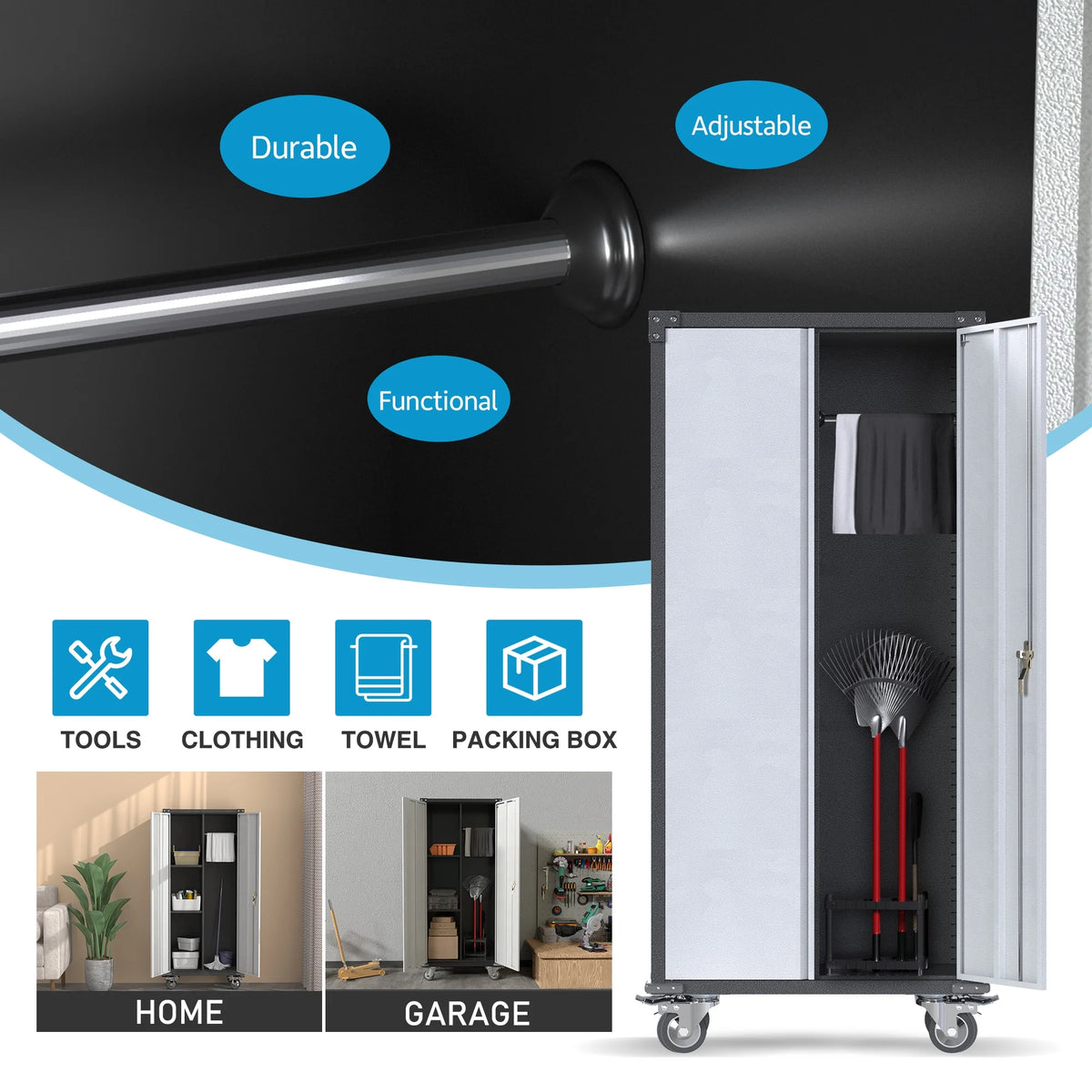 Metal Rolling Storage Cabinet with Hanging Rod S223