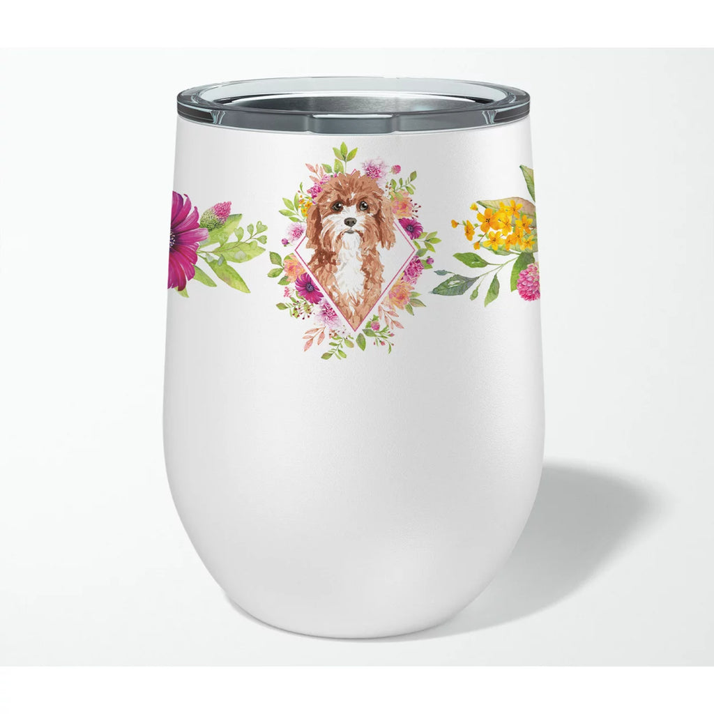 Cavapoo Pink Flowers Stainless Steel 12 oz Stemless Wine Glass F5273