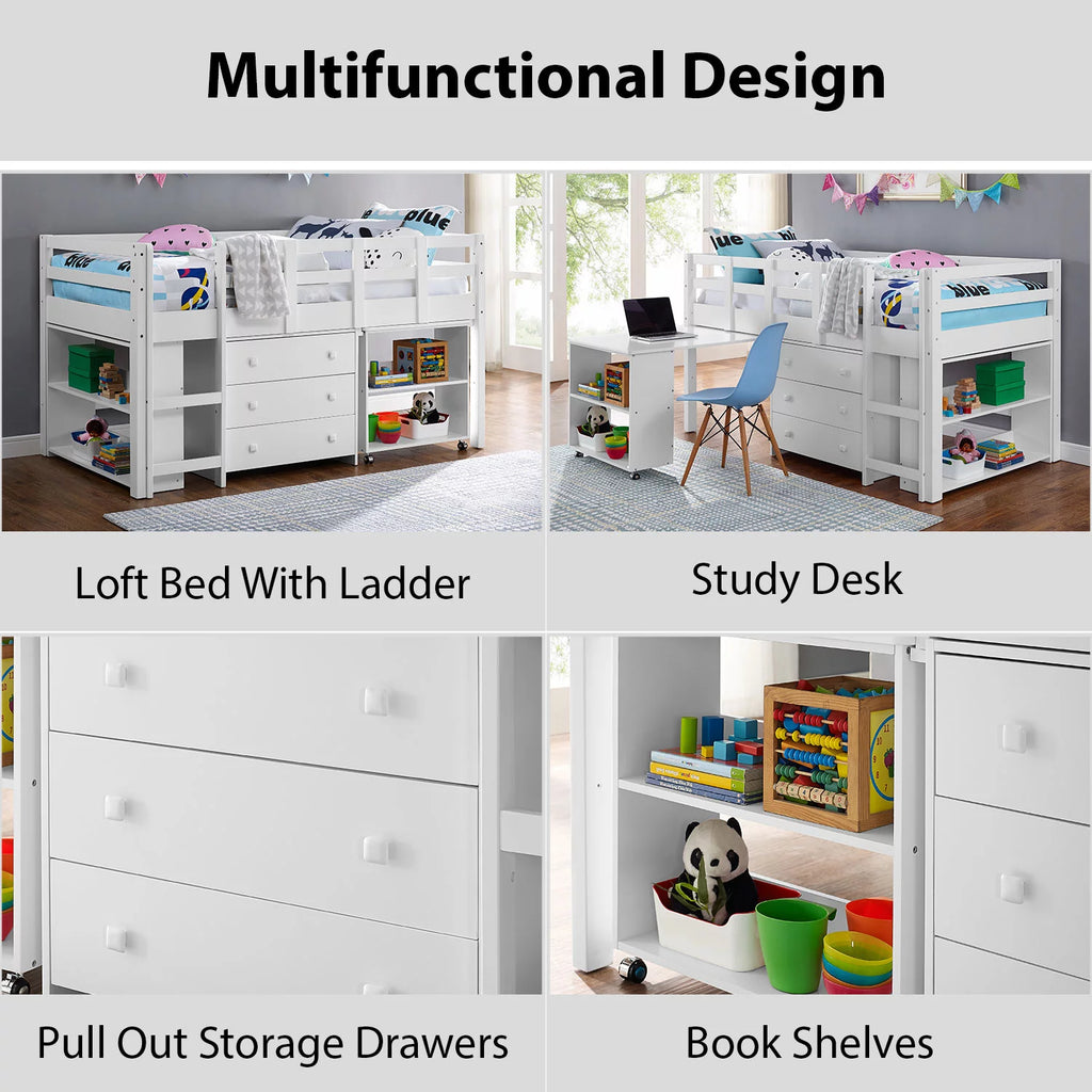White Twin Size Low Loft Bed with Desk and Storage M91966