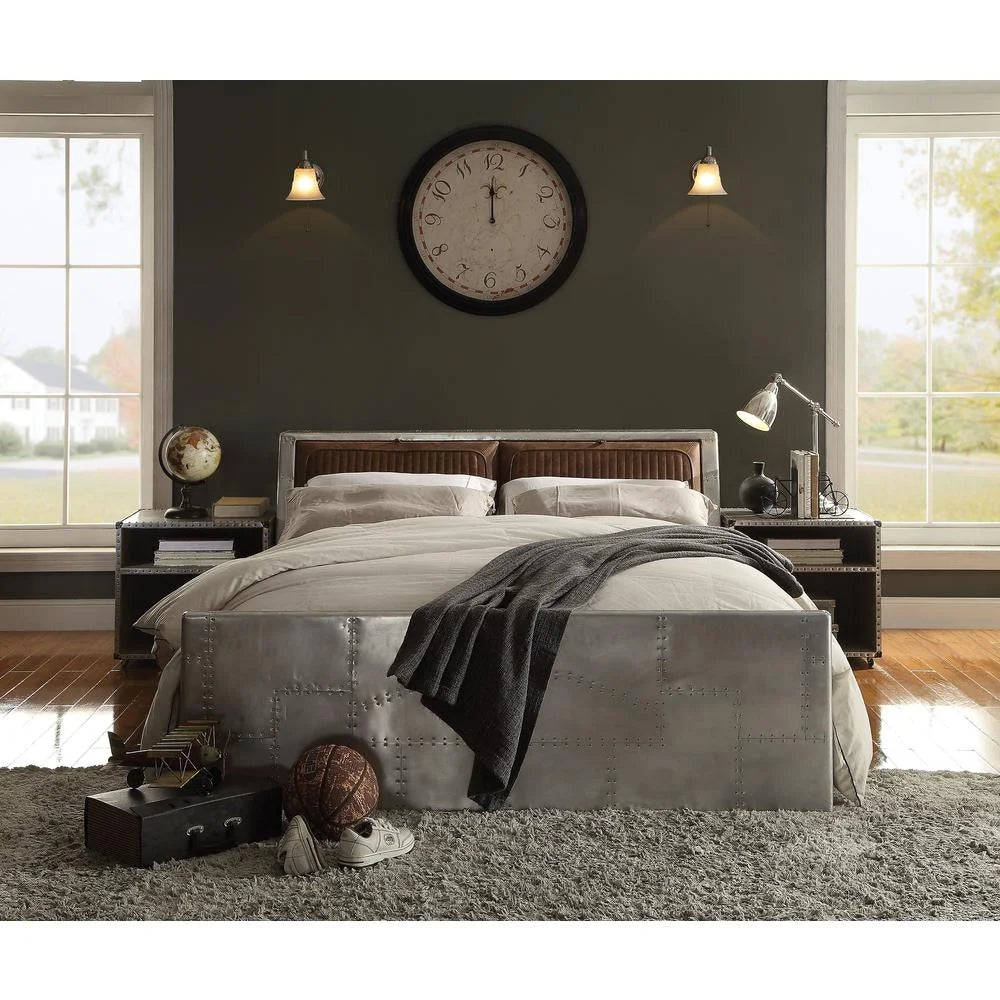 Queen Bed Retro Brown Top Grain Leather & Aluminum D393