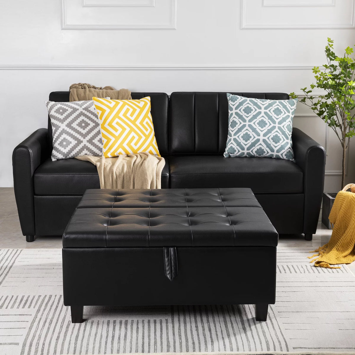 Black Air Leather Tufted Lift-Top Storage Ottoman Bench E20605