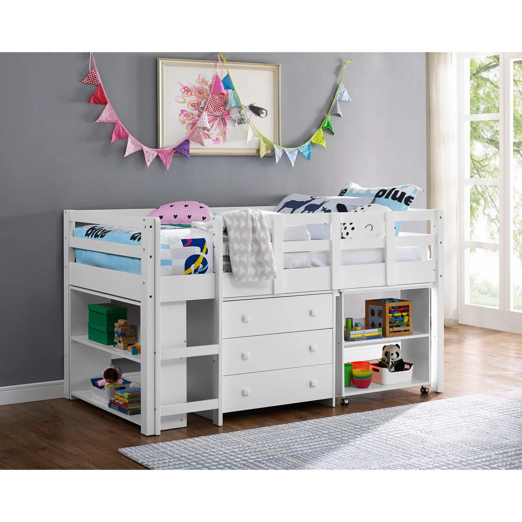 White Twin Size Low Loft Bed with Desk and Storage M91966