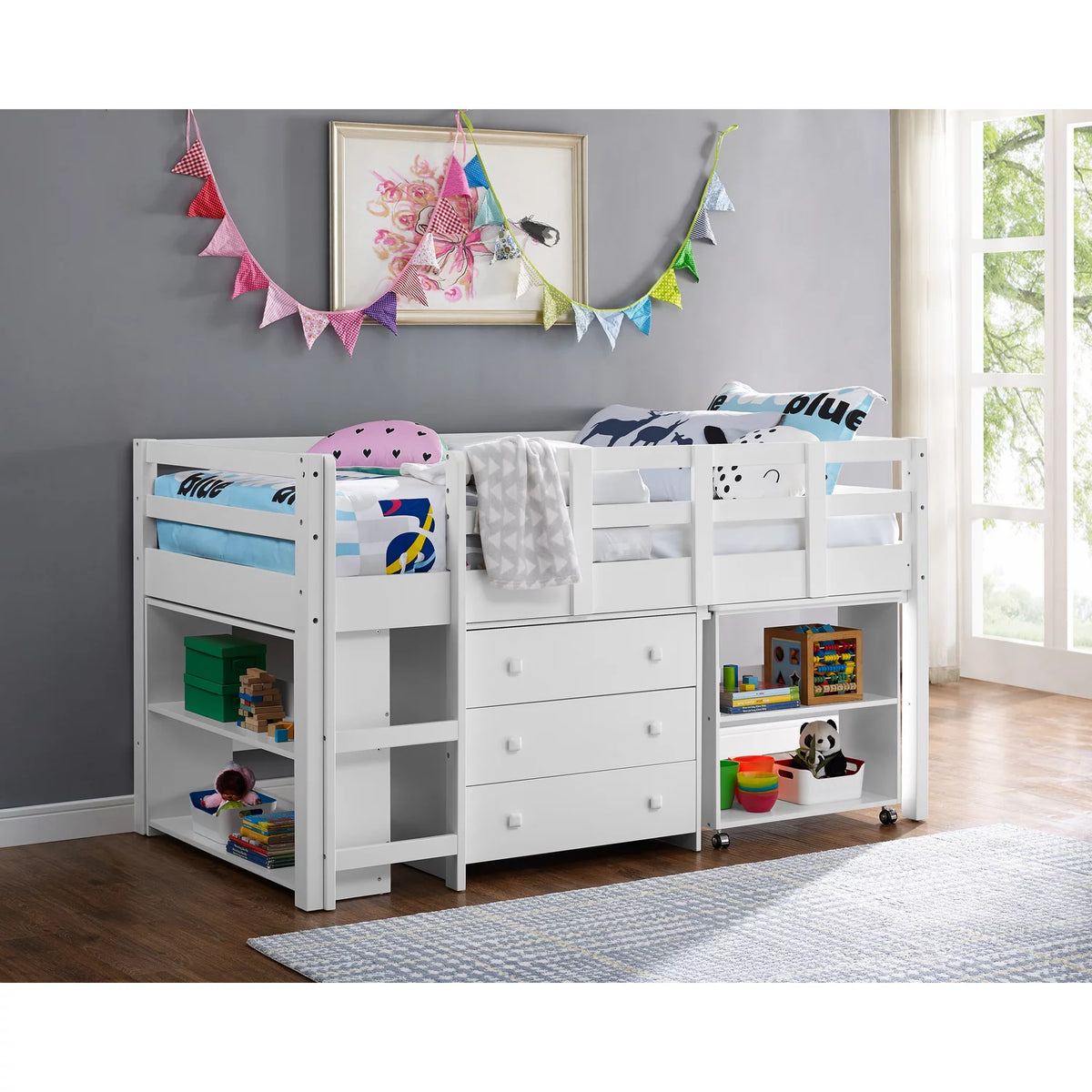 White Twin Size Low Loft Bed with Desk and Storage M91966