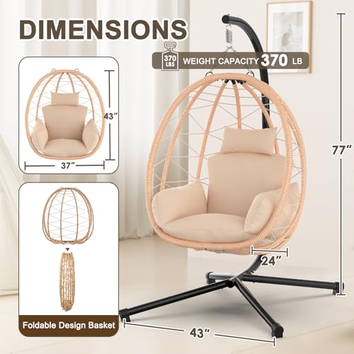 Hanging Egg Chair with Stand, UV Resistant Cushion & Pillow, 370lbs Capacity, Beige C7907