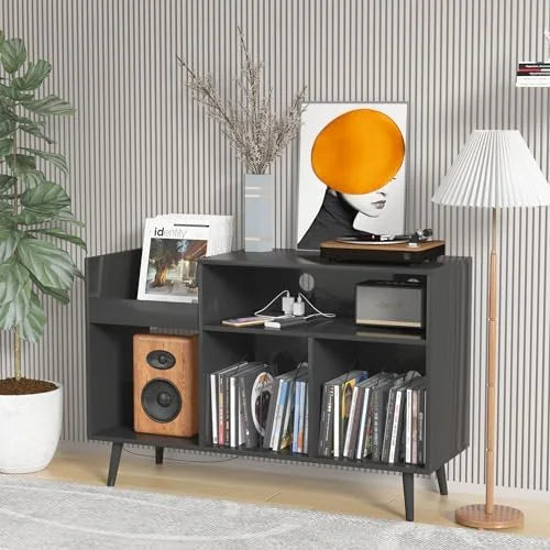 Mid-Century Record Player Stand with Vinyl Record Cabinet U279