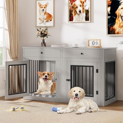60" Wooden Dog Crate Furniture with Divider Storage Drawers Double Door Grey C98347