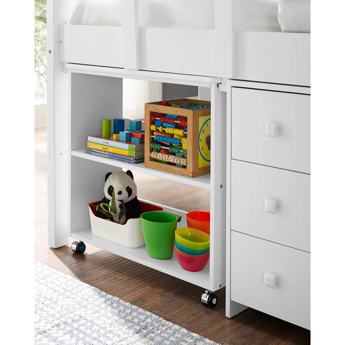 White Twin Size Low Loft Bed with Desk and Storage M91966