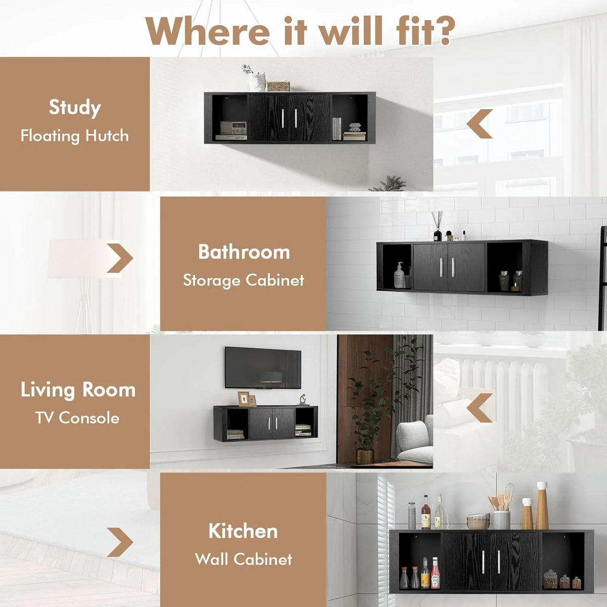 Black Wall Mounted Storage Cabinet with 2 Doors and 2 Open Shelves W491952