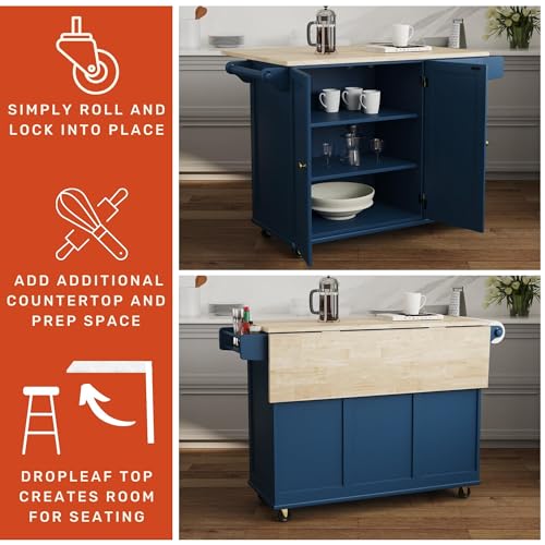 Off-White Mobile Kitchen Island Cart with Drop Leaf Breakfast Bar A722149