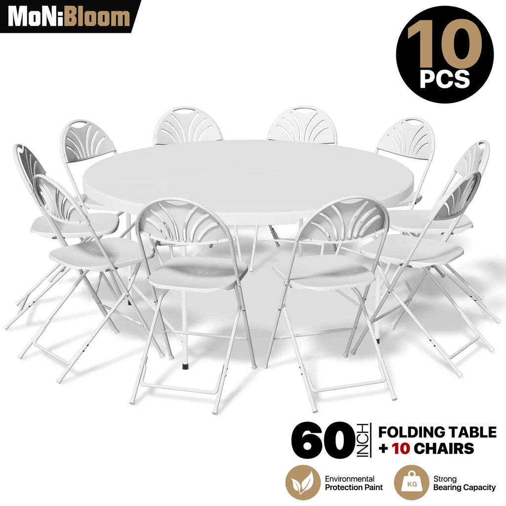 11 Pieces 5 Ft White Bi-Fold Plastic Folding Table Set with 10 Folding Chairs A91694