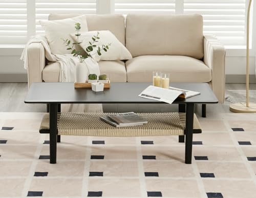 Farmhouse 2-Tier Coffee Table with Rattan Storage Shelf E637946