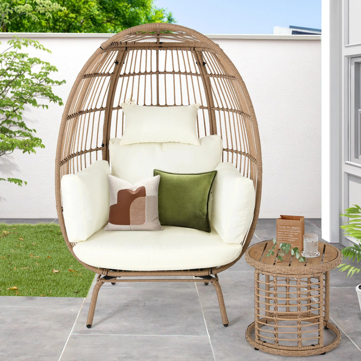 Beige Wicker Egg Chair with Cushions I1997