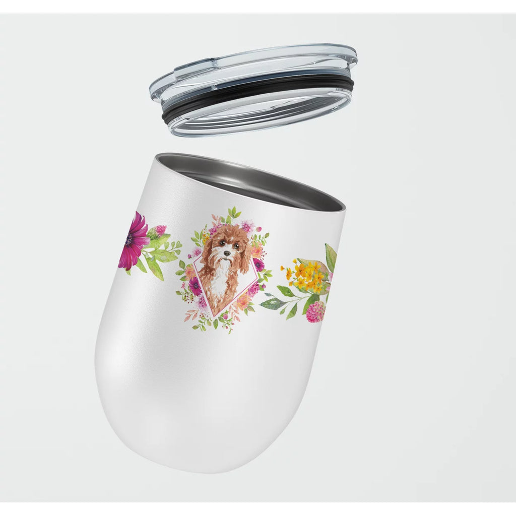Cavapoo Pink Flowers Stainless Steel 12 oz Stemless Wine Glass F5273