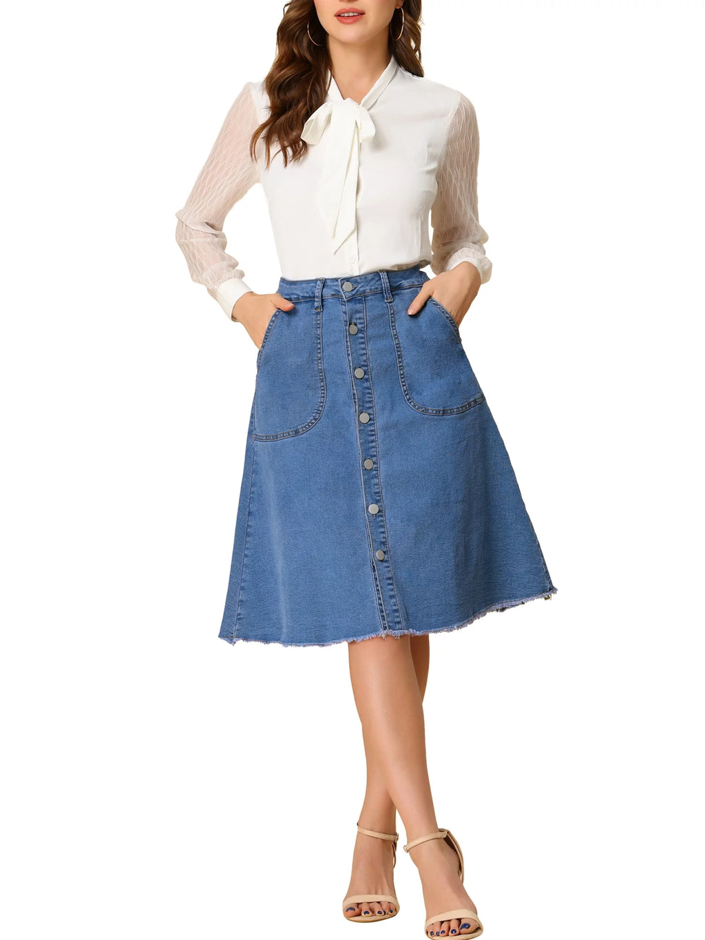 Denim Raw Hem Button Down A-Line Midi Skirt U7002