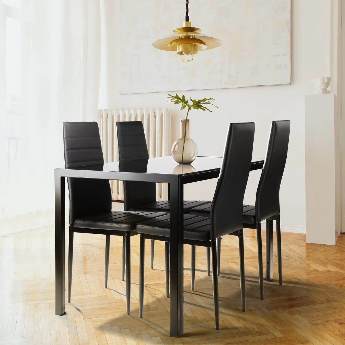 5 Pieces Tempered Glass Dining Table Set with 4 Faux Leather Chairs M53094