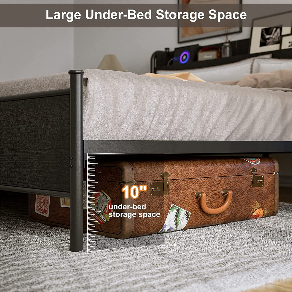 California King Metal and Wood Platform Bed Frame with Storage Shelf Headboard R8185