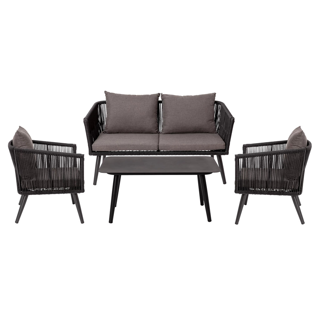 4 Piece Black Woven Aluminum Frame Loveseat, 2 Chair and Coffee Table Set With Gray Cushions H380483