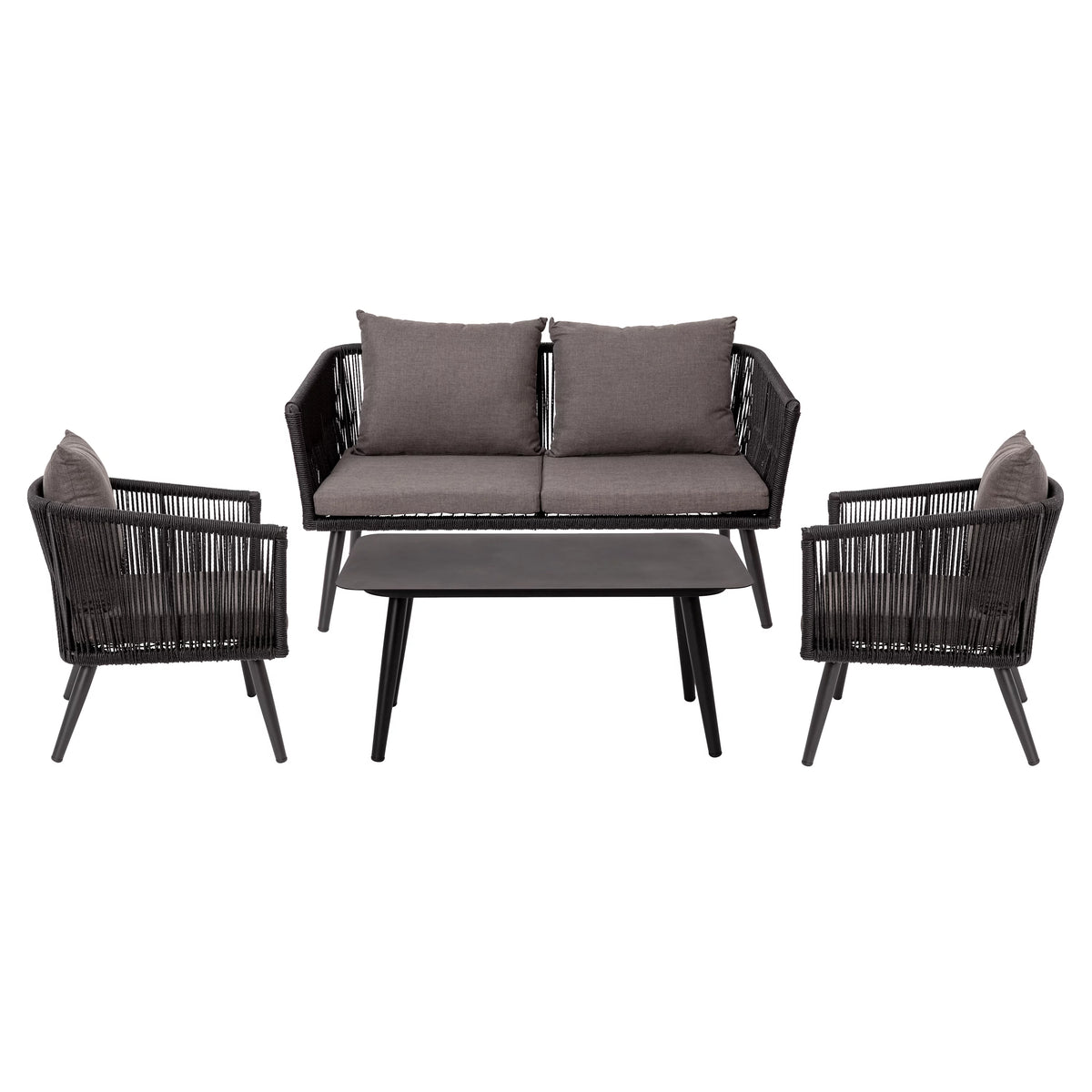 4 Piece Black Woven Aluminum Frame Loveseat, 2 Chair and Coffee Table Set With Gray Cushions H380483