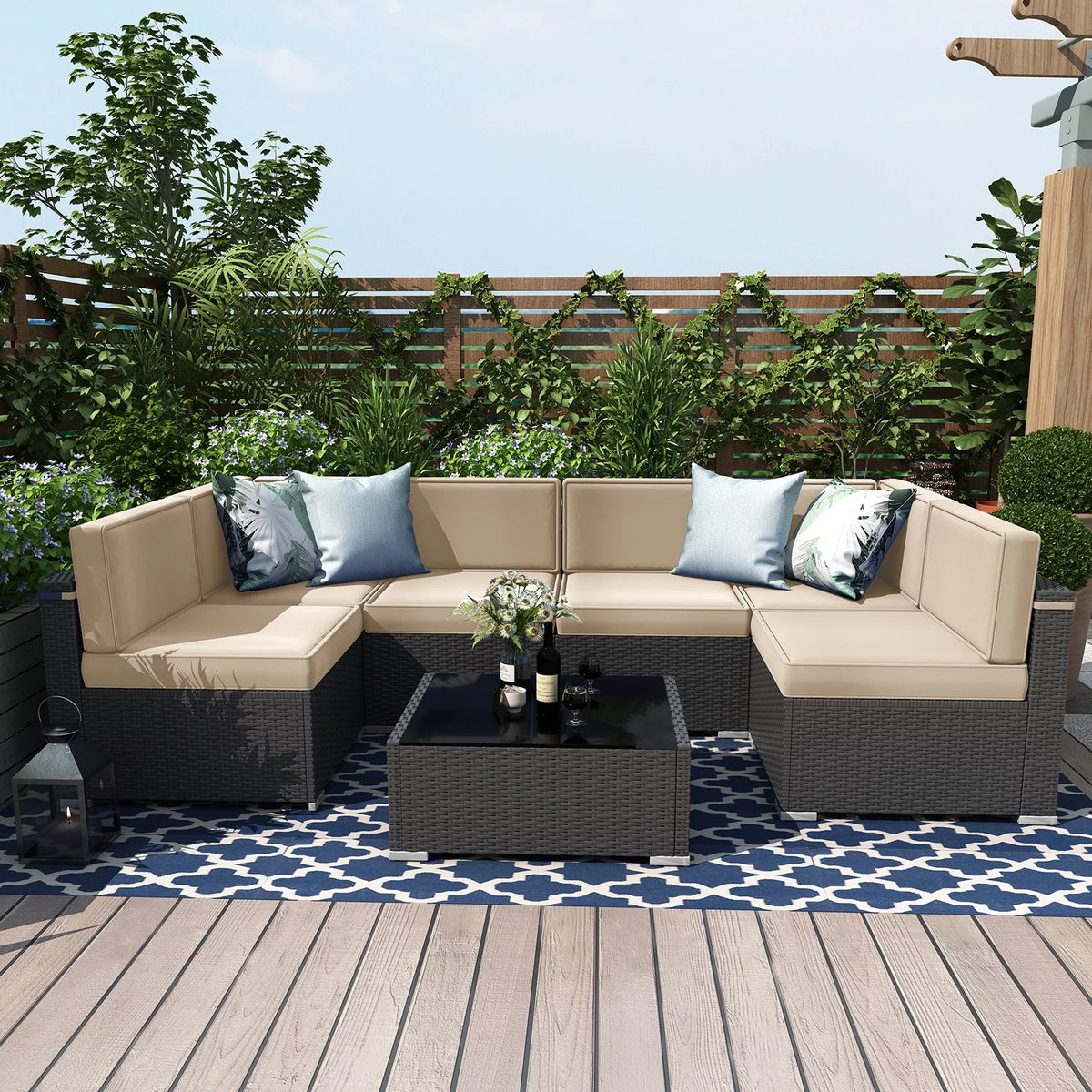7 Piece Wicker Patio Furniture Set with Cushion and Glass Table E46599