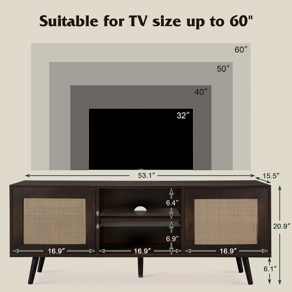 60-inch Rattan TV Stand with Adjustable Shelves and 2 Cabinets Z8082