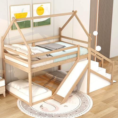 Twin Over Twin Wood House Bunk Bed with Slide and Storage Staircase O602