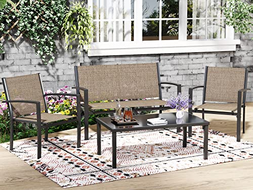 4 Pieces Patio Furniture Set Textilene Fabric with Glass Coffee Table Black J973416