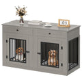 60" Wooden Dog Crate Furniture with Divider Storage Drawers Double Door Grey C98347