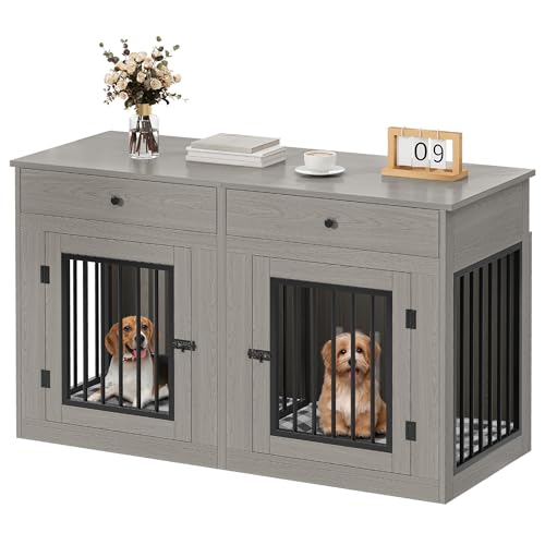 60" Wooden Dog Crate Furniture with Divider Storage Drawers Double Door Grey C98347