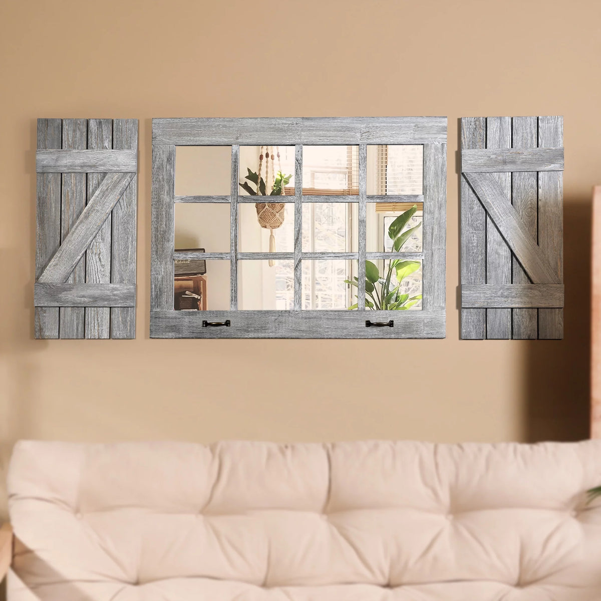 Large Distressed Wood Windowpane Mirror with Shutters E340028