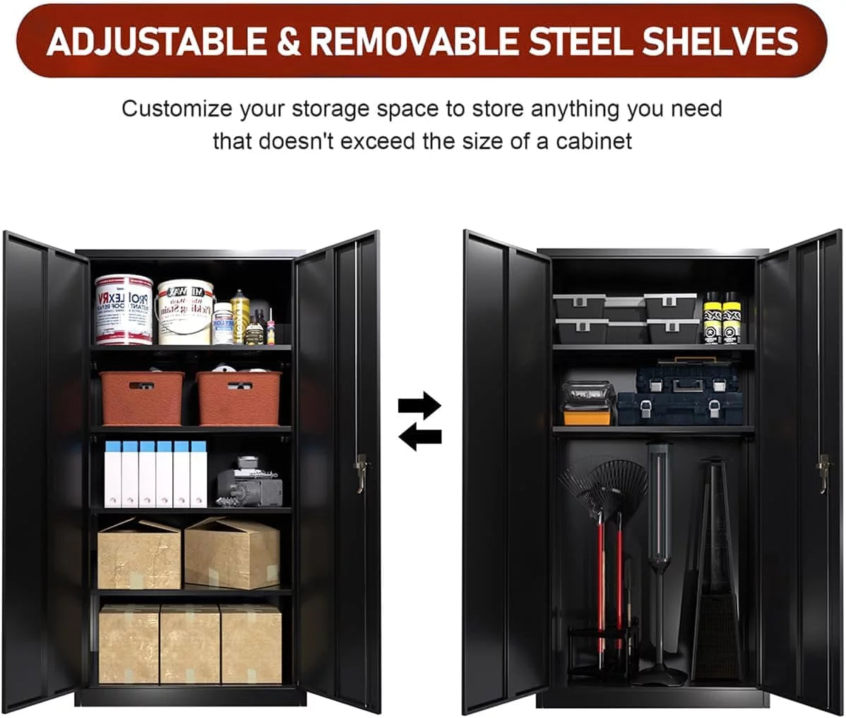 71 In Black Metal Storage Cabinet with Locking Doors and Adjustable Shelves P35118