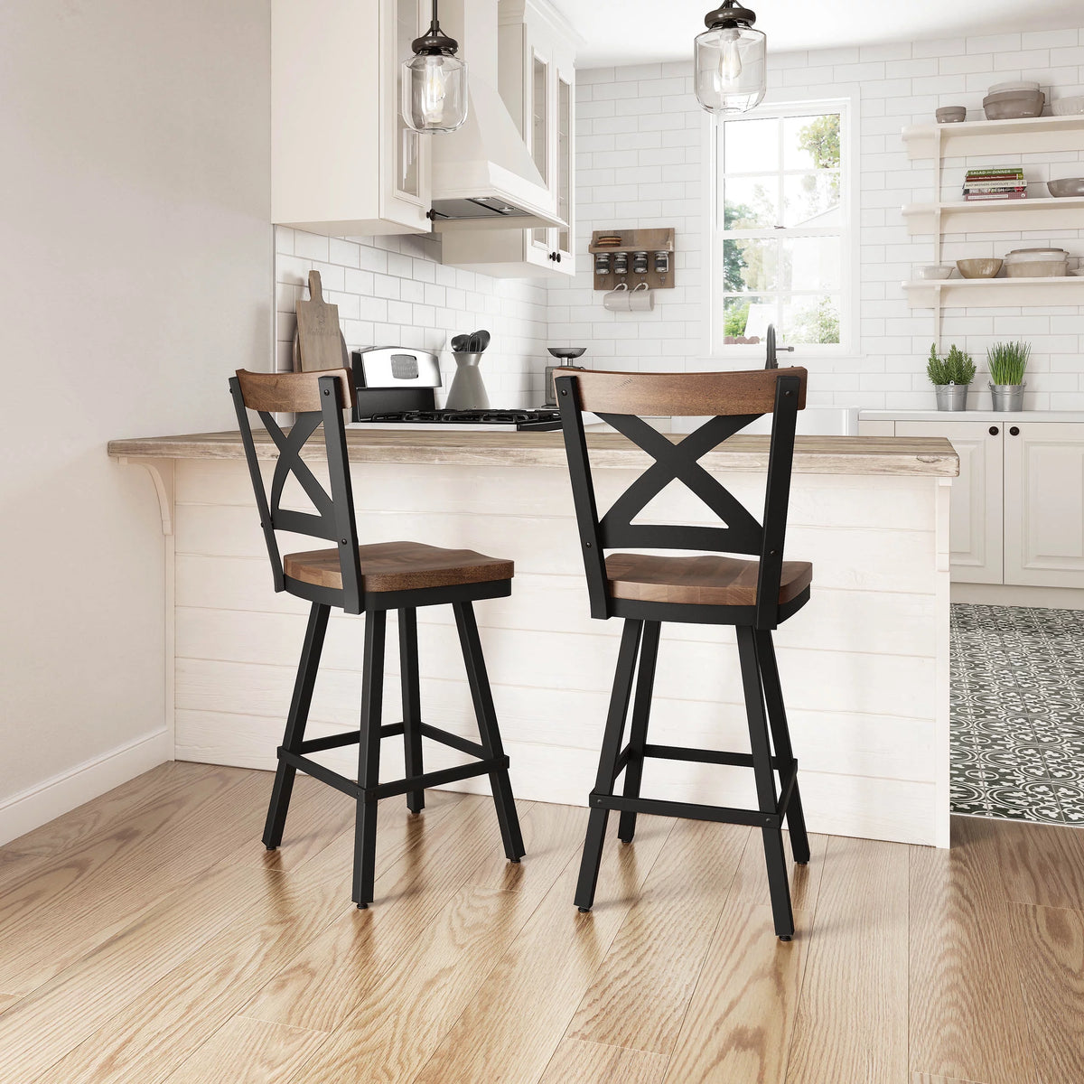 26 In. Swivel Counter Stool Light Brown Distressed Wood Black Metal F82699