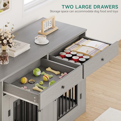 60" Wooden Dog Crate Furniture with Divider Storage Drawers Double Door Grey C98347