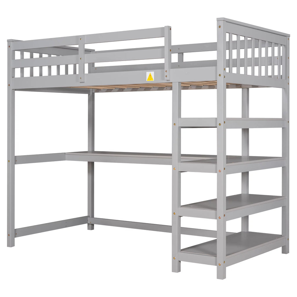 Twin Size Loft Bed with Built-in Desk and Shelves A44105