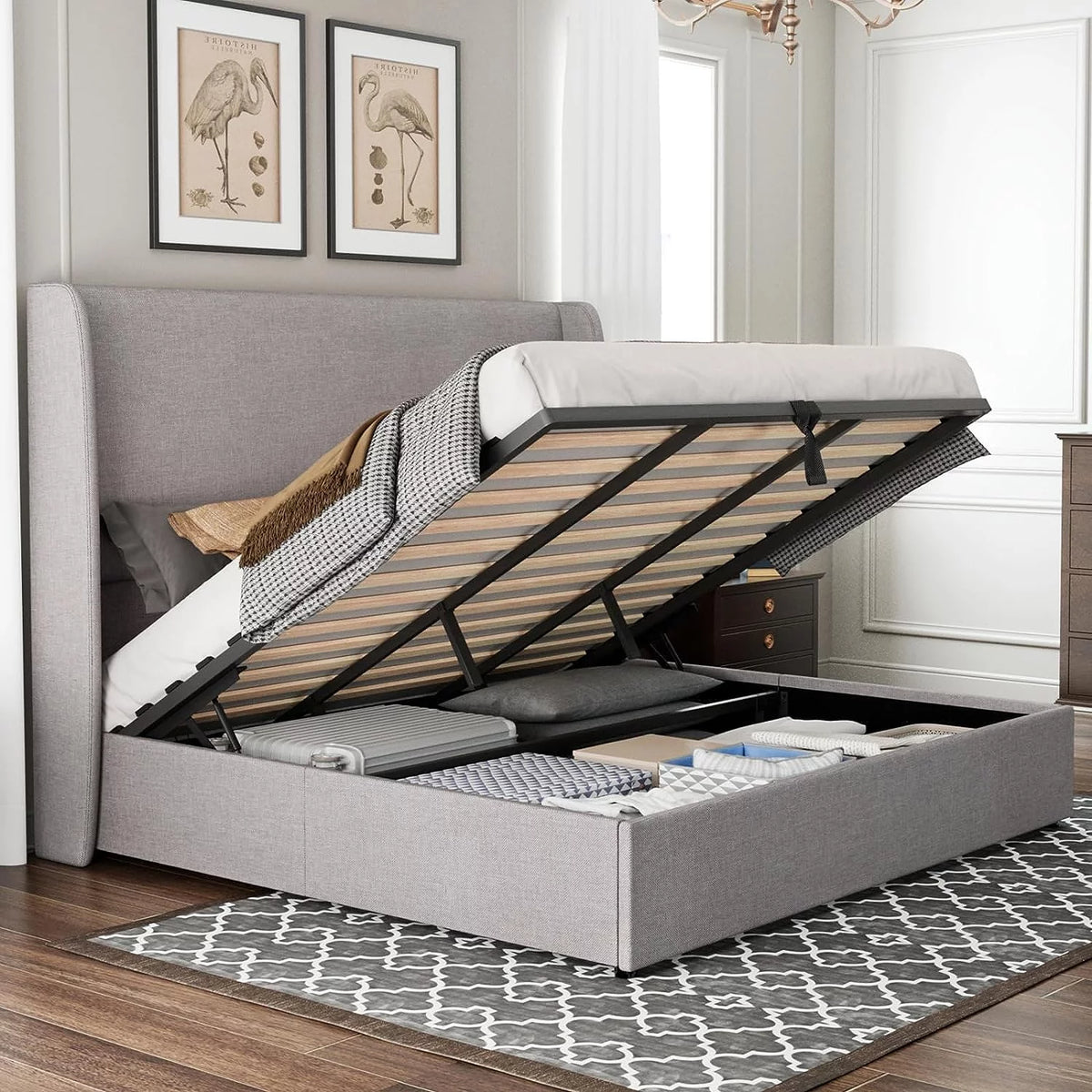 King Size Light Gray Linen Upholstered Platform Bed Frame K2632