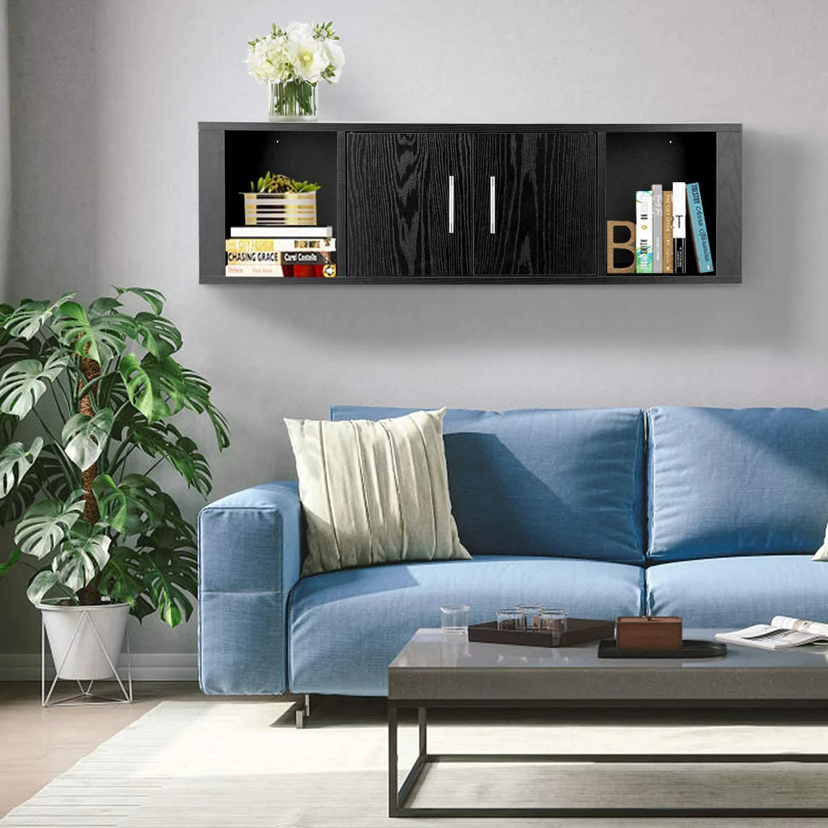 Black Wall Mounted Storage Cabinet with 2 Doors and 2 Open Shelves W491952