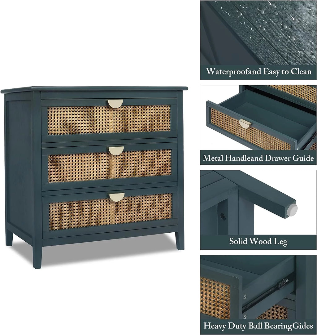 3 Drawer Rattan Dresser with Golden Metal Handles K614