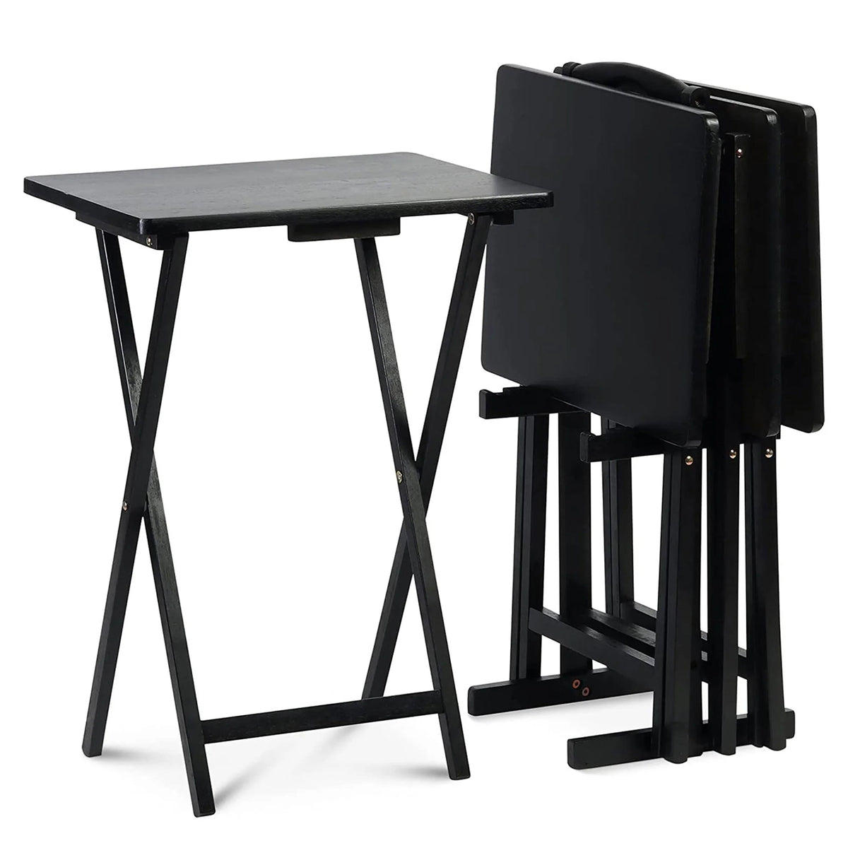 Black 5 Piece Set Folding TV Tray Tables with Storage Rack Q2583