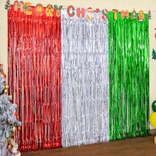 3 Pack Red Silver Green Tinsel Fringe Curtains C129088