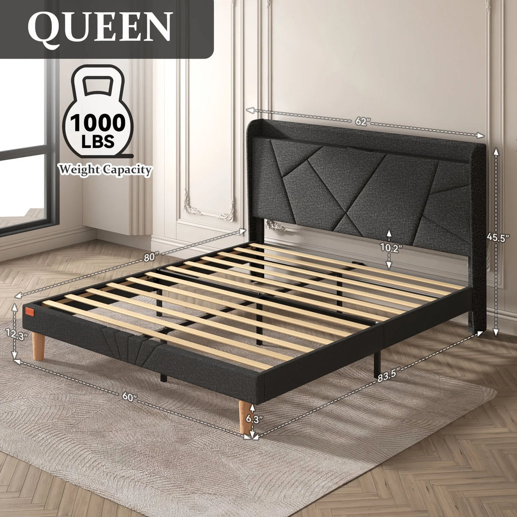 Queen Upholstered Platform Bed Frame with Wingback Storage Headboard D621